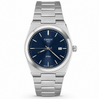 Tissot PRX watch with a stainless steel link bracelet, a silver-toned case, and a deep blue dial with a date window.