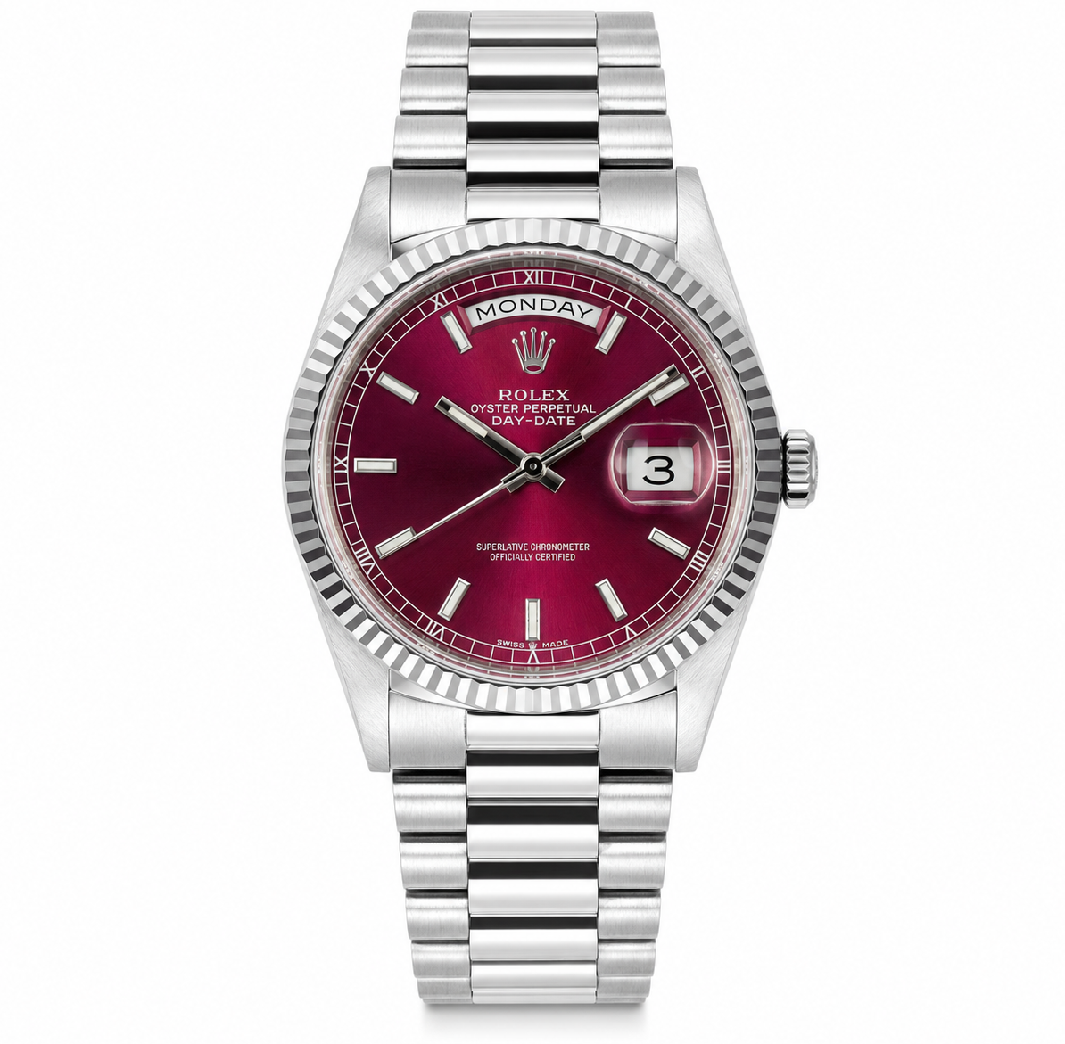 Rolex Day Date watch with a silver stainless steel Oyster bracelet, fluted bezel, and a deep burgundy-red dial with a day and date window.